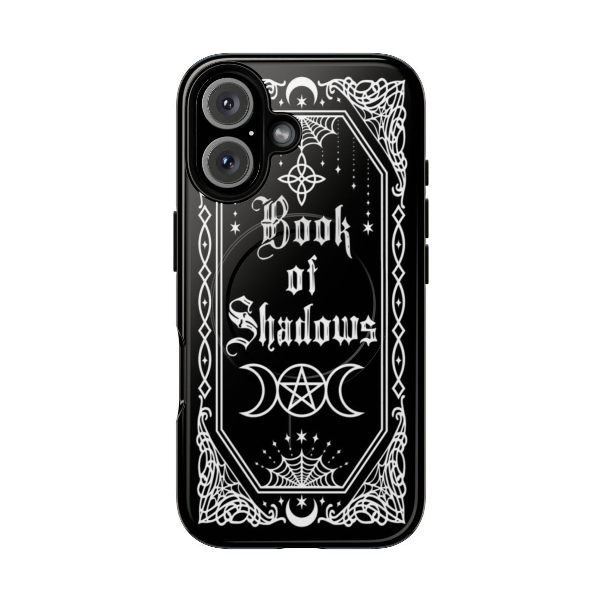 Magnetic phone case featuring a Book of Shadows design with occult symbols and gothic elements.