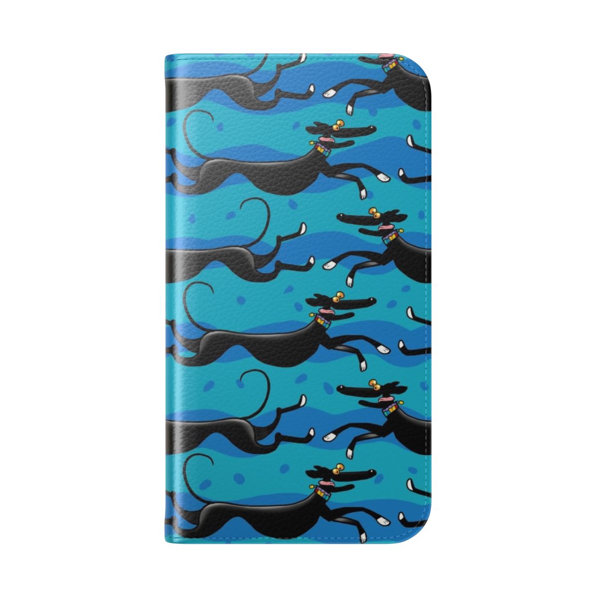 Blue Zoomies pattern phone case featuring cartoon illustrations of greyhounds, whippets, and lurchers - Folded Back