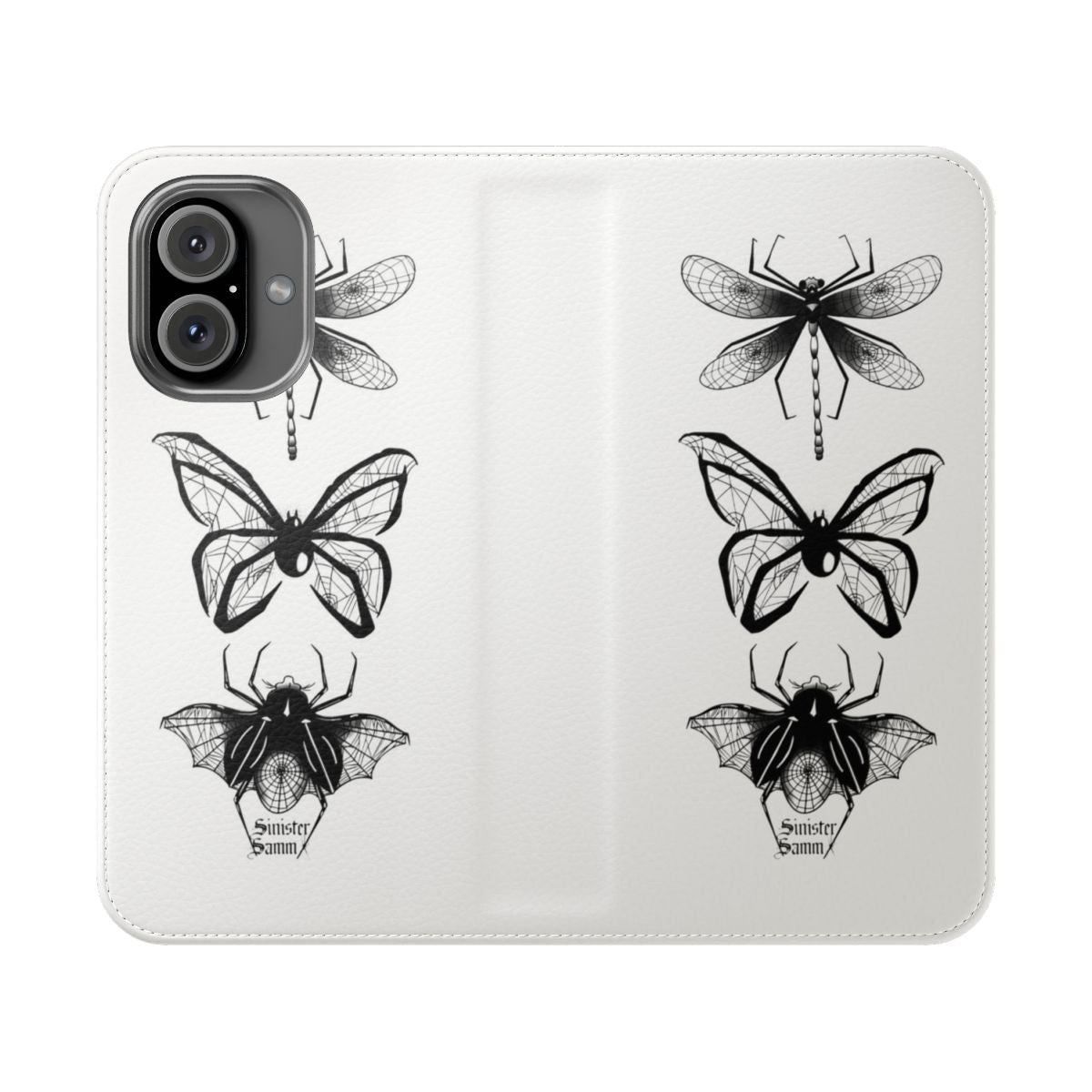 A dark, gothic-style phone case with a spider web design and insect motifs.