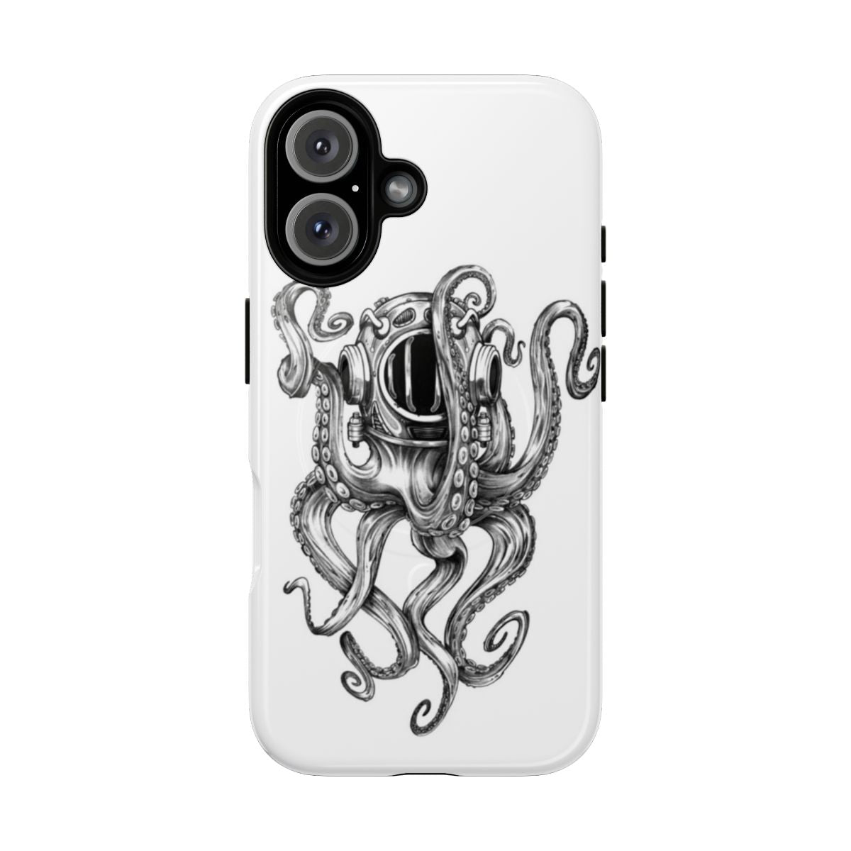 Tough phone case featuring an octopus scuba diver helmet design for underwater smartphone protection.