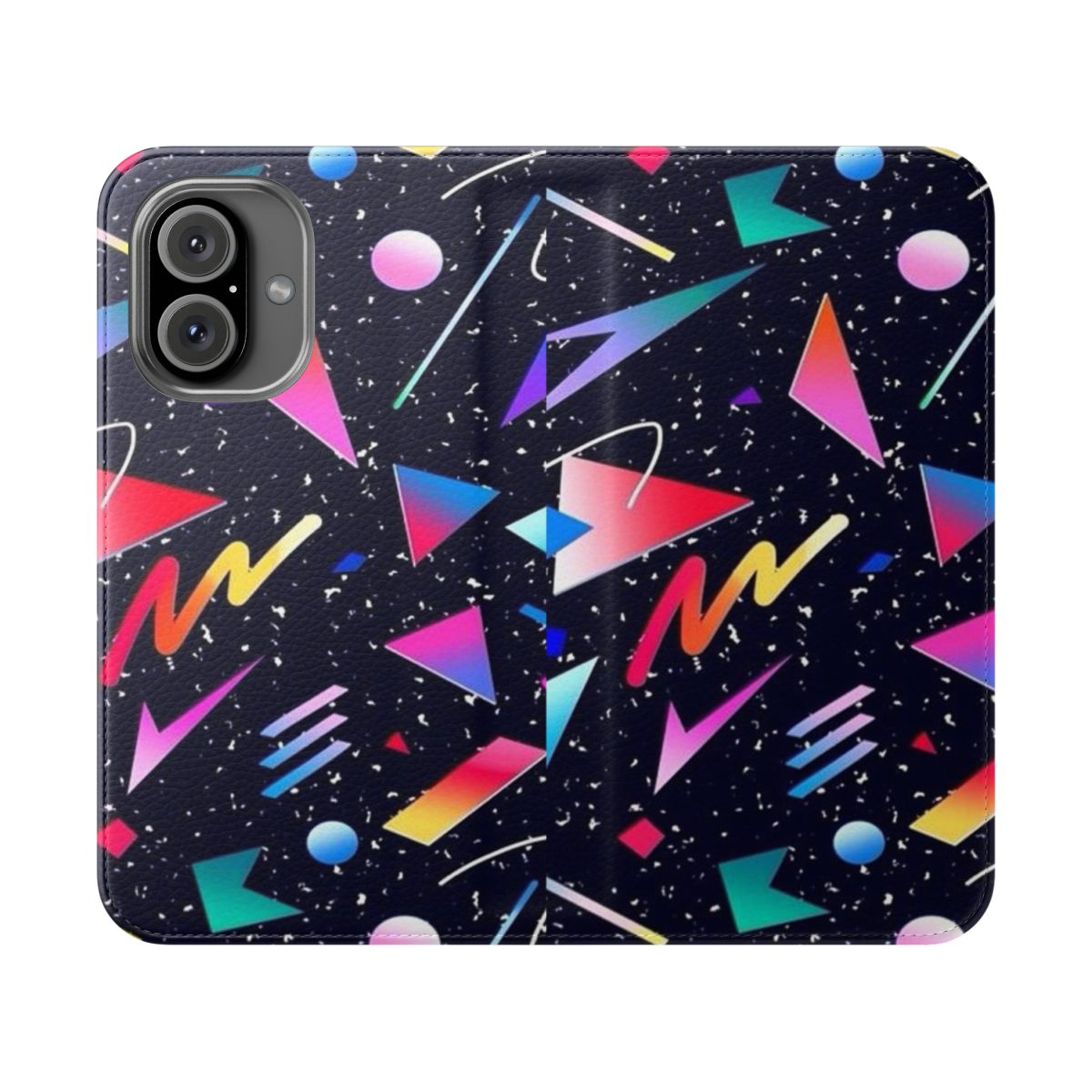 A dark, abstract vaporwave-style graphic featuring bold colors and retro 80s aesthetics on a flip phone case.