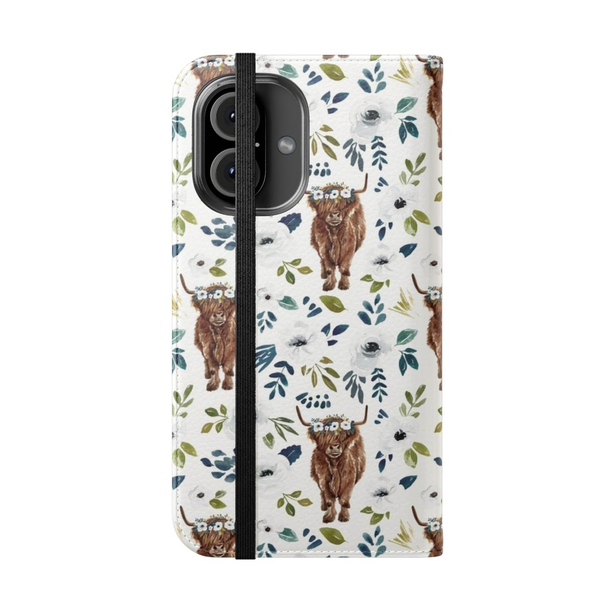 Vibrant floral painting of a highland cow wearing a crown of flowers on a smartphone flip cover case. - Folded Front