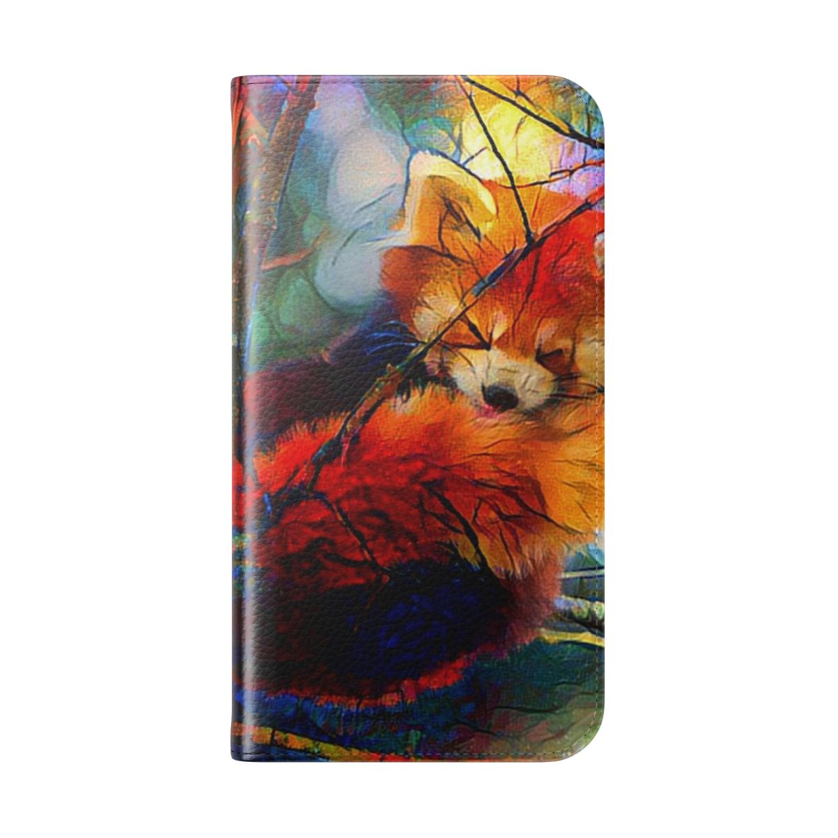 Colorful illustration of a fluffy red panda amidst autumn leaves and branches on a phone case - Folded Back