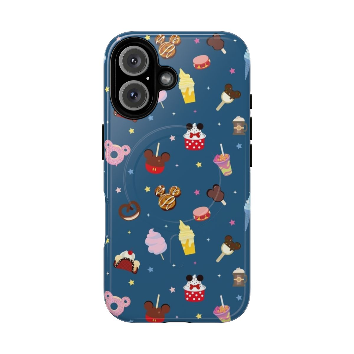 Magical kingdom-themed phone case featuring a kawaii pattern with icons of donuts, candied apples, dole whip, and other Disney-inspired treats.