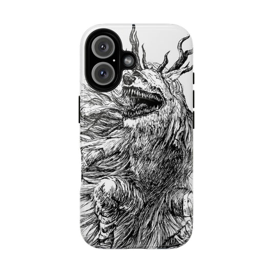 Magnetic tough phone case featuring a white and black graphic design inspired by the monsters and landscapes of Bloodborne and Dark Souls video games.