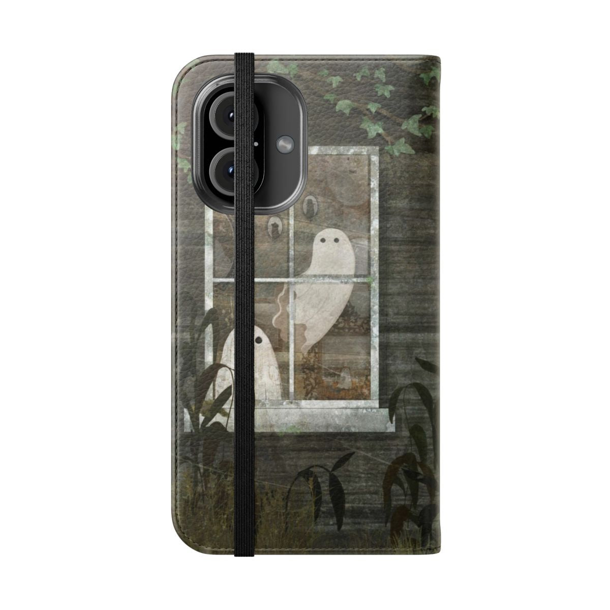 Flip phone case featuring a spooky haunted house with an overgrown window - Folded Front