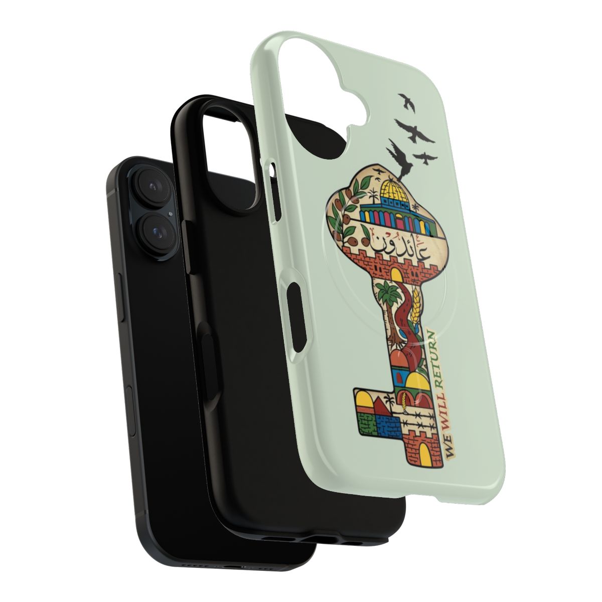 Vibrant phone case design featuring Palestinian symbols and slogans - Layers