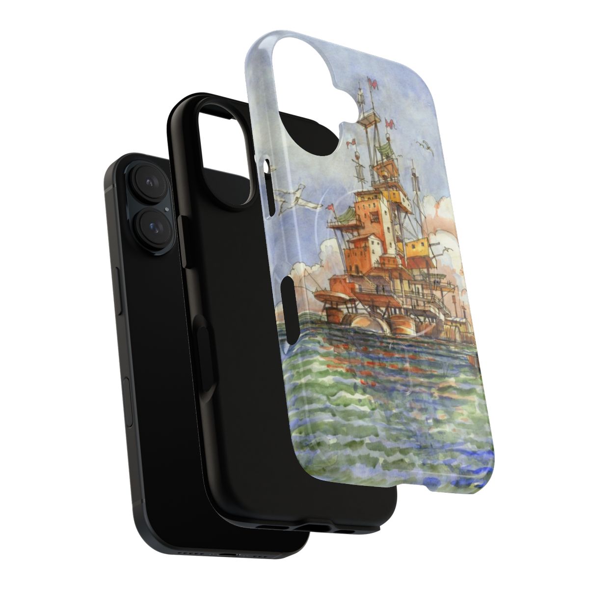 Floating city landscape phone case featuring a sci-fi inspired coastal town - Layers