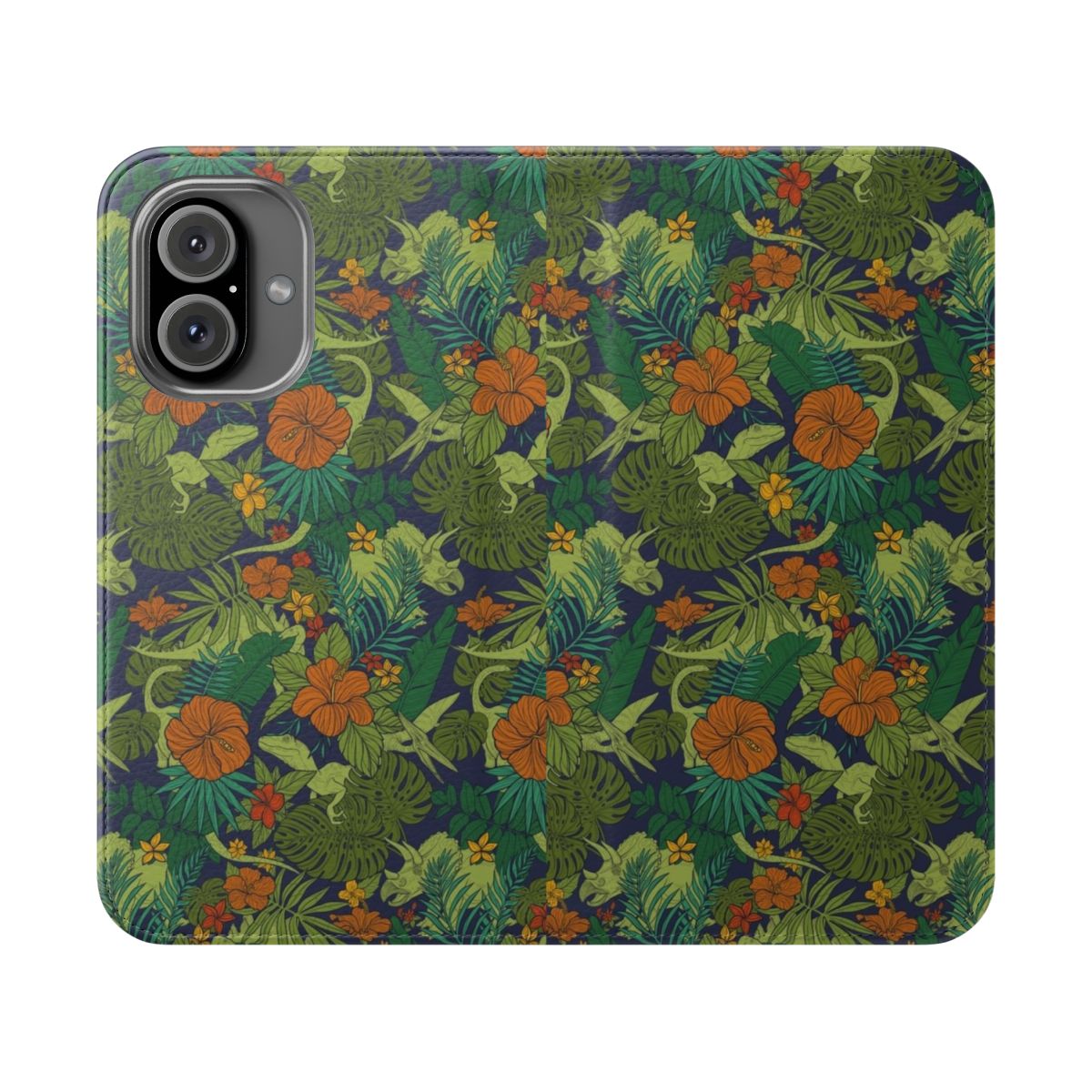 Vibrant phone case cover featuring a pattern of hidden dinosaurs, tropical flowers, and lush leaves.