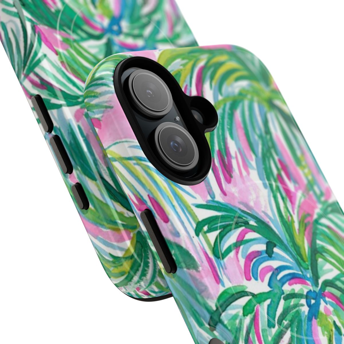 A durable pink and white palm tree patterned phone case with a magnetic closure. - Detail