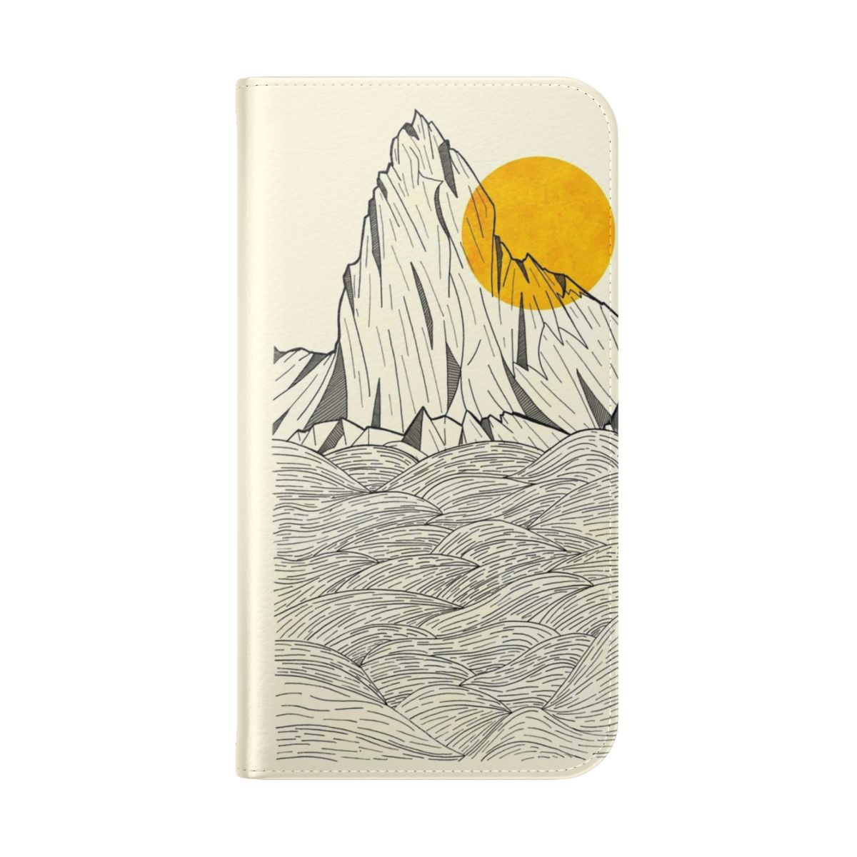 Minimalist phone case featuring a simple outline illustration of a coastal landscape with cliffs, mountains, and the sun. - Folded Back