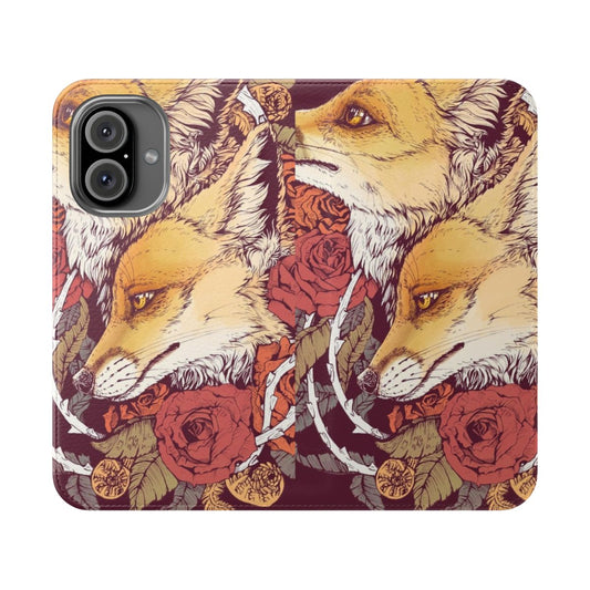 Closeup of a vibrant red fox design with flowers, ferns, and spiral patterns on a phone case