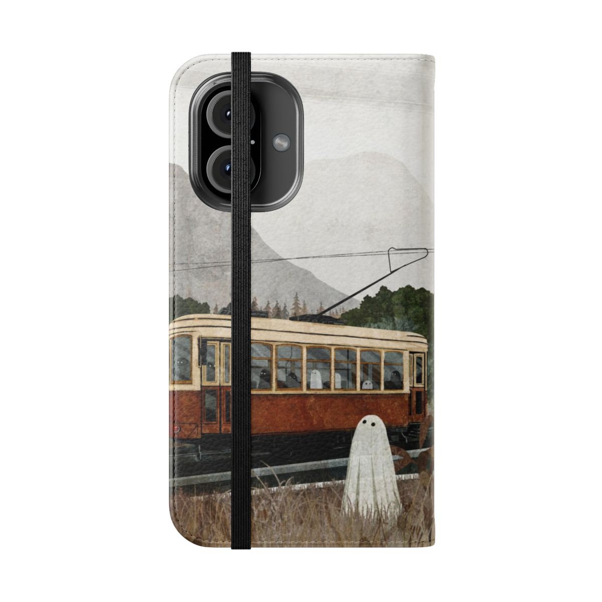 Haunted landscape with a ghostly tram on a phone case - Folded Front