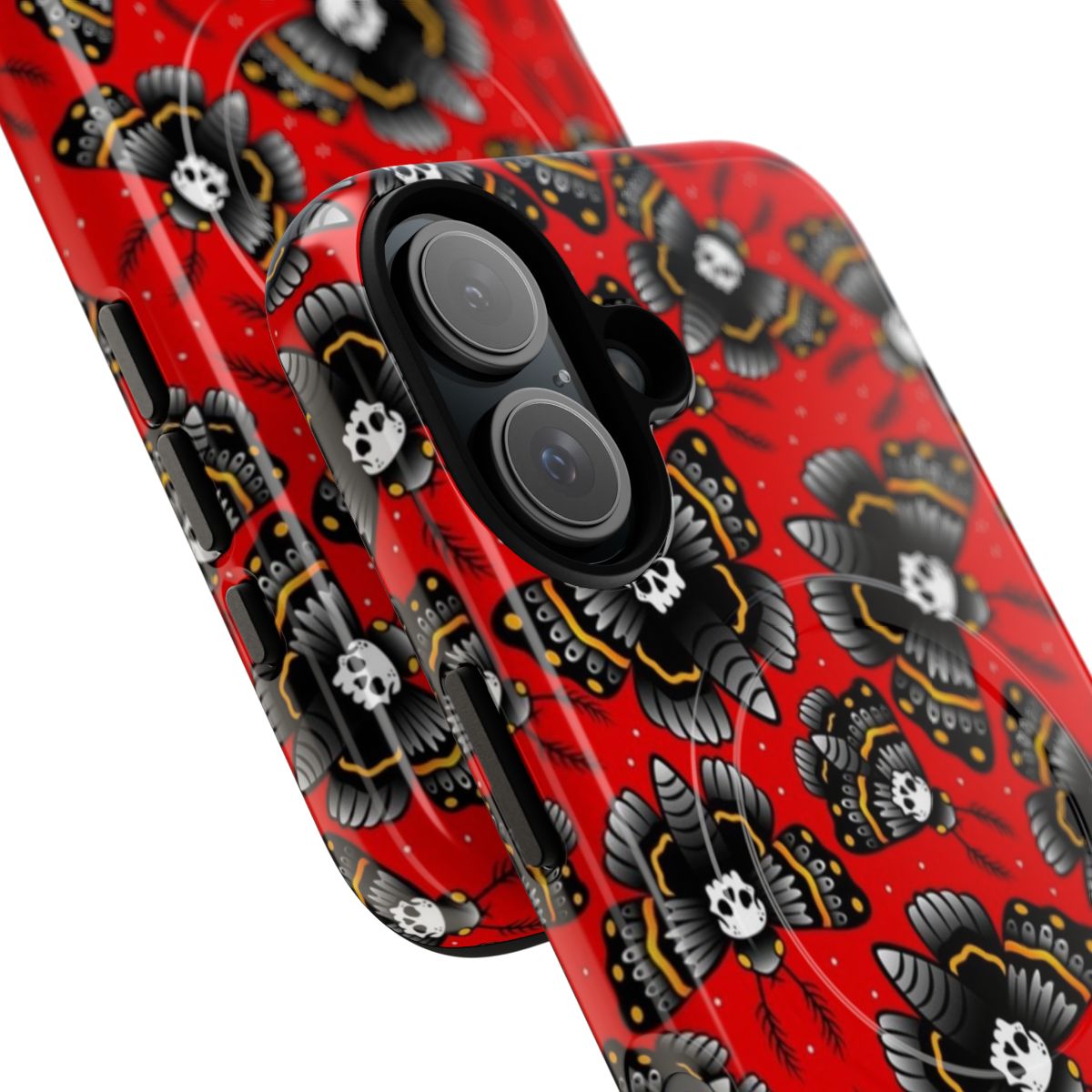 A sleek and stylish phone case featuring a detailed death moth design, perfect for those with a gothic or traditional tattoo aesthetic. - Detail