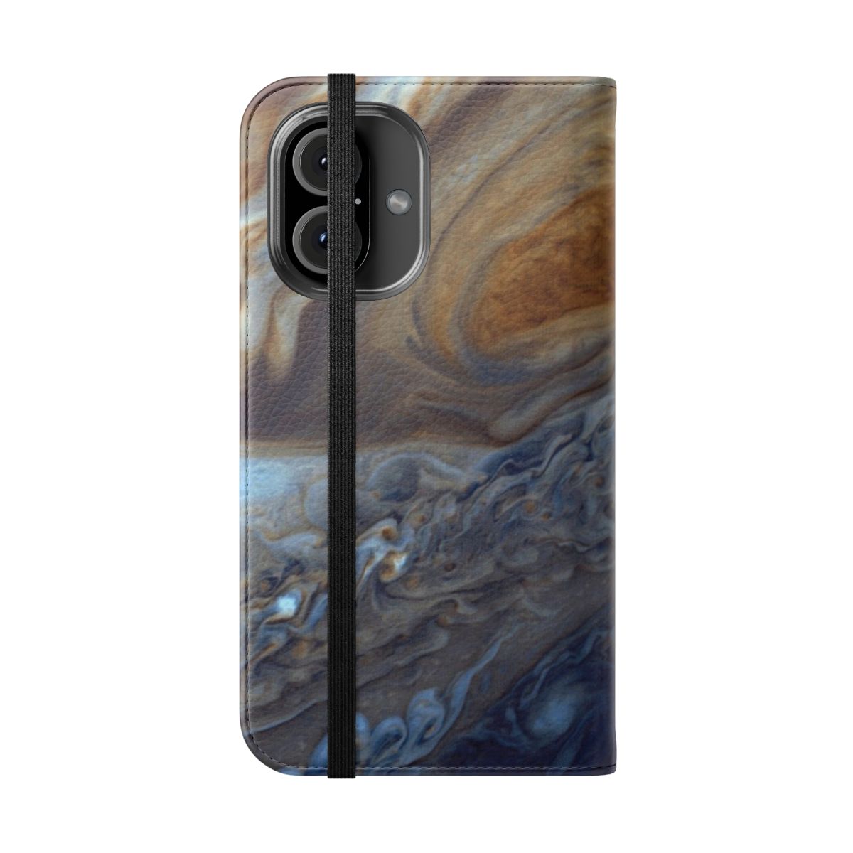 Vibrant flip cover phone case featuring stunning images of the planet Jupiter, nebulae, and galaxies from the Hubble telescope. - Folded Front