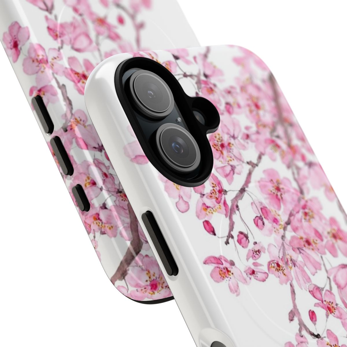 Elegant hand-painted pink cherry blossom watercolor design on a phone case. - Detail