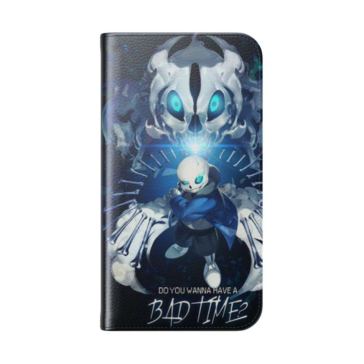 "Flip cover phone case featuring the iconic 'Bad Time Sans' character from the popular indie game Undertale" - Folded Back