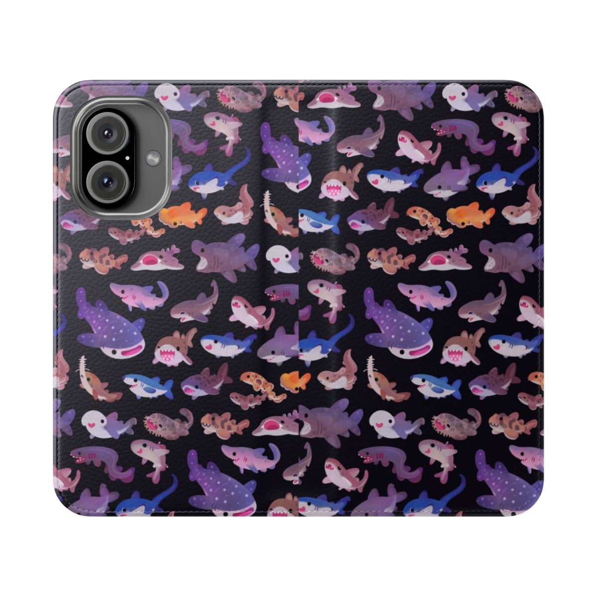 Colorful phone case featuring various shark species, including whale sharks, great white sharks, and more.