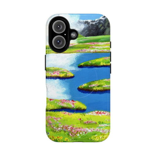 Magnetic phone case featuring a watercolor landscape with flowers, inspired by the enchanting worlds of Studio Ghibli.