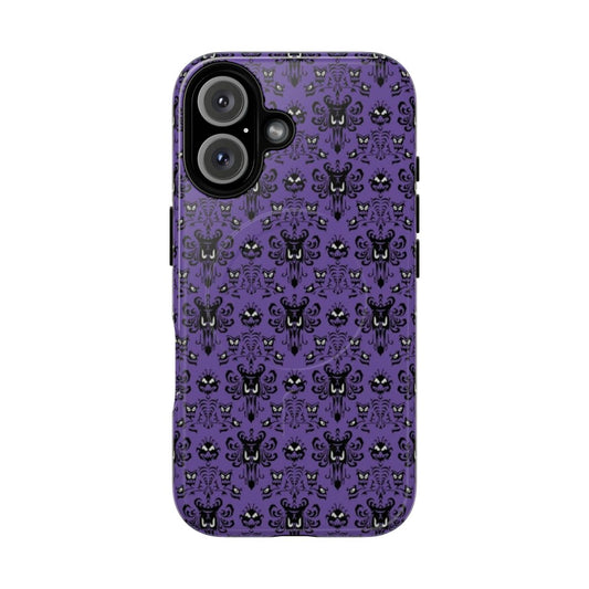 Dark purple gothic damask phone case with haunted mansion style design