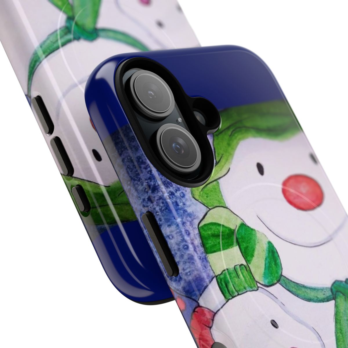 Watercolor-style illustration of a snowman and snowdog on a magnetic tough phone case - Detail