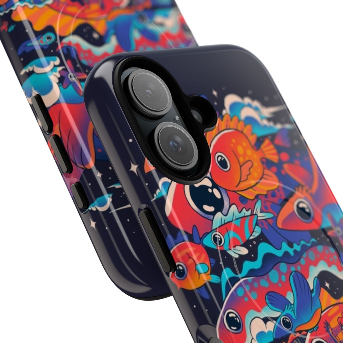 Magnetic tough phone case with a surreal, whimsical design featuring colorful fish, birds, stars, and other imaginative elements. - Detail