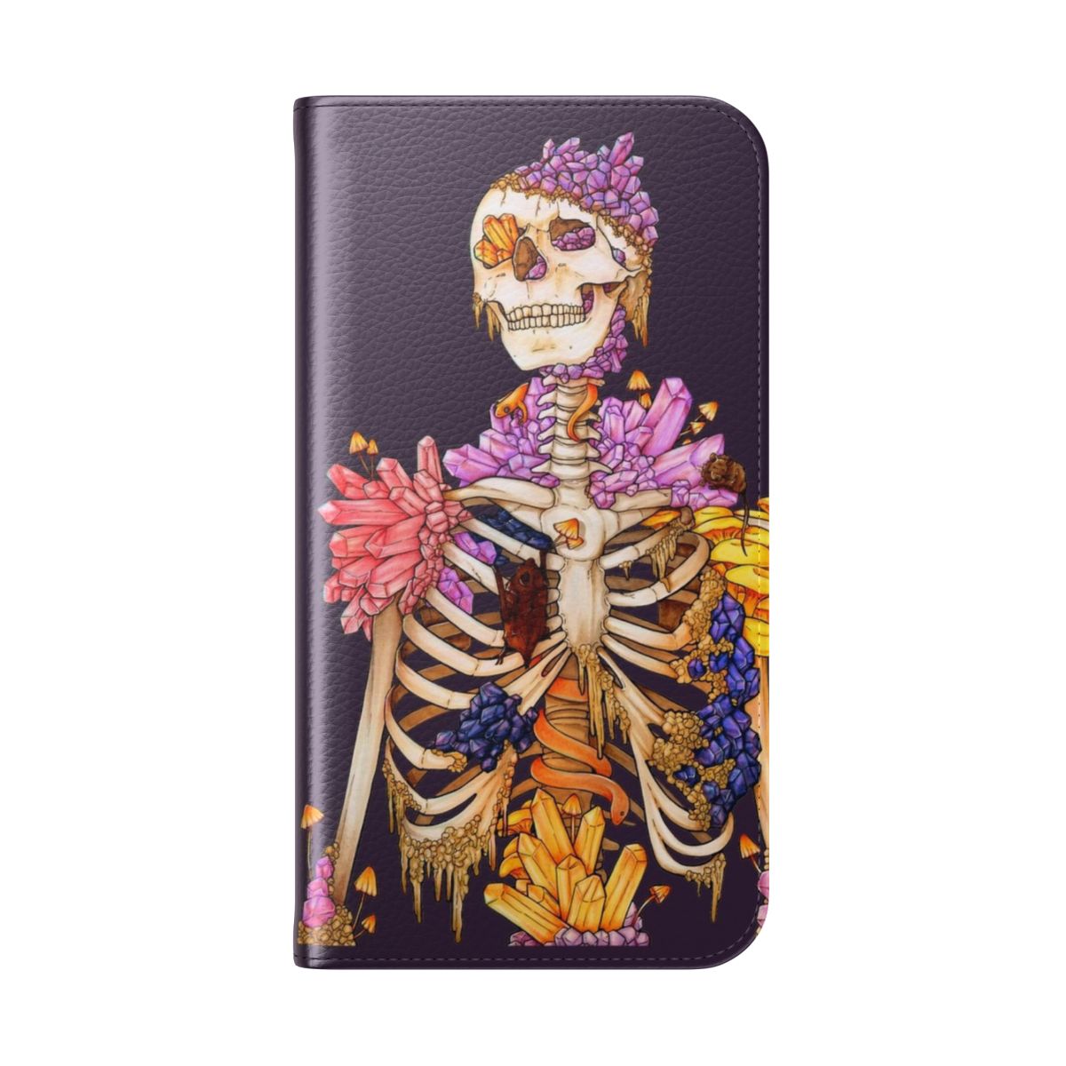 Flip cover phone case with a hidden gem design featuring gothic, occult, and mystical elements - Folded Back