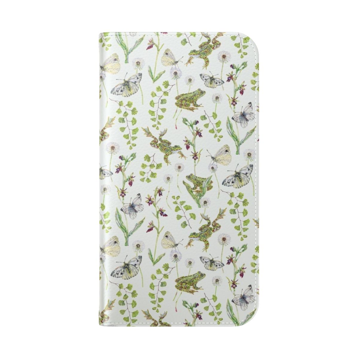 Green lightweight flip cover phone case featuring a watercolor illustration of frogs and orchids in a spring nature scene. - Folded Back