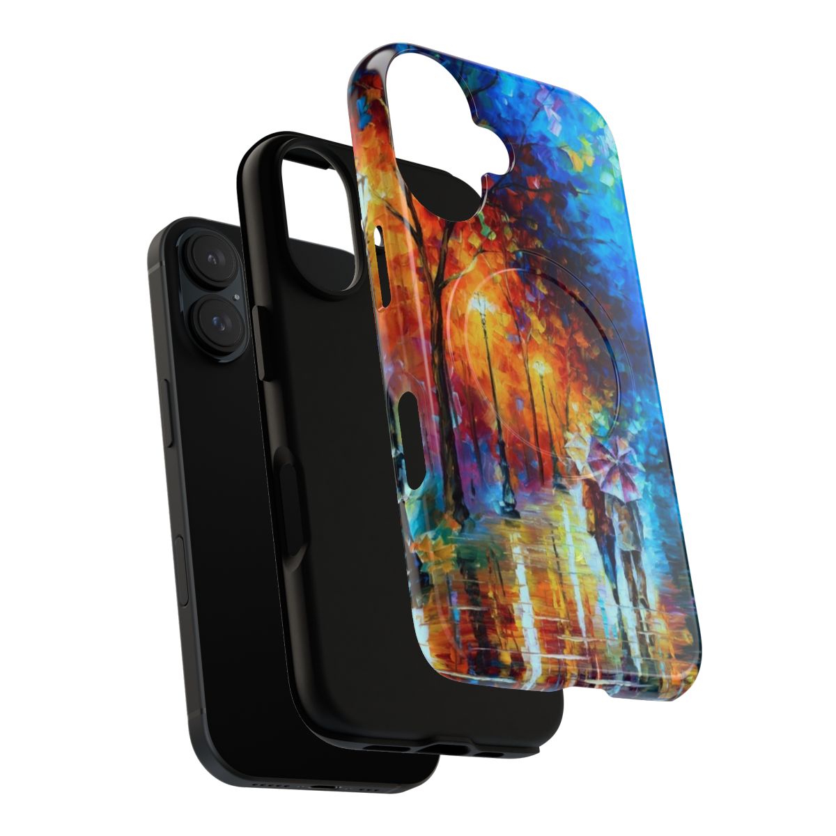 Vibrant phone case featuring a night cityscape with a lakeside view, inspired by the oil paintings of Leonid Afremov. - Layers