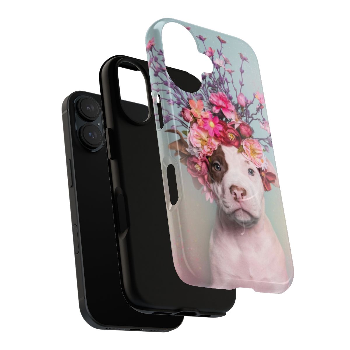 Colorful flower crown design on a tough phone case featuring a pitbull or staffordshire terrier dog - Layers