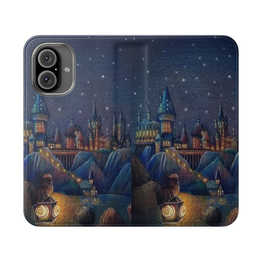 Whimsical fantasy phone case with a blue castle and magical elements