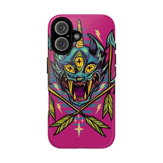 Surreal digital art phone case featuring a bizarre cat-like creature with arrows and a unicorn horn