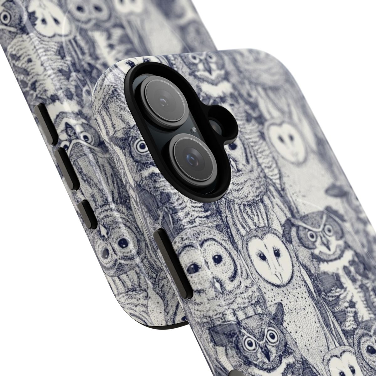 A magnetic tough phone case featuring a pattern of owls in blue, ivory, and black tones. - Detail