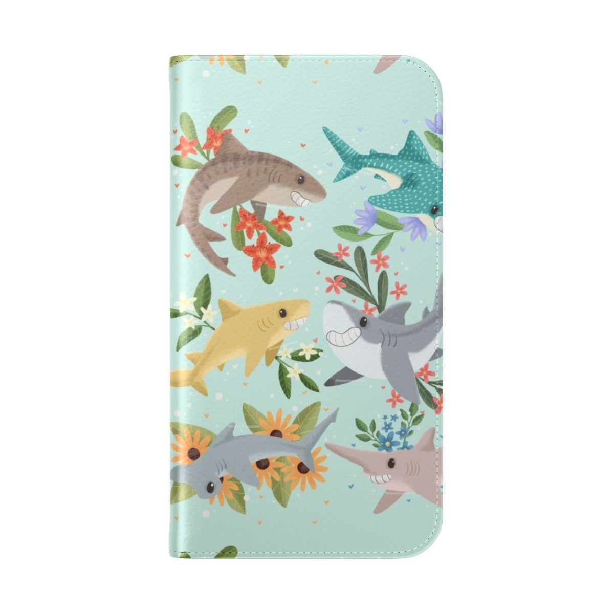 Vibrant blue and white floral pattern with adorable chibi-style shark design on a phone case cover. - Folded Back