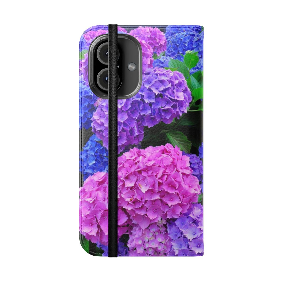 Flip cover phone case featuring a beautiful design of blooming purple and blue hydrangea flowers. - Folded Front