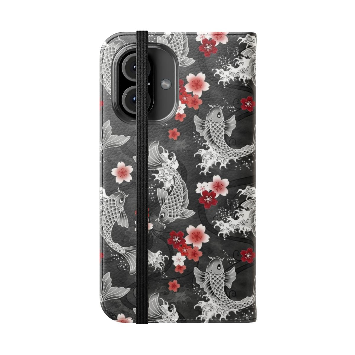 Colorful flip cover phone case featuring a watercolor design of koi fish swimming among cherry blossoms - Folded Front