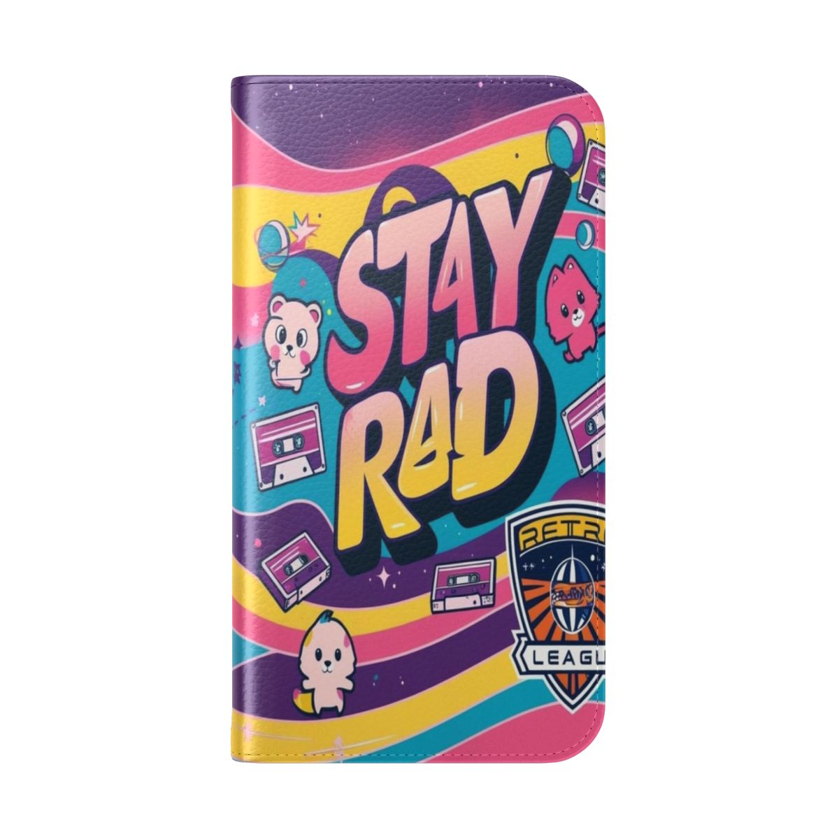 Retro 90s nostalgic flip phone case with colorful, neon, and vintage design elements. - Folded Back