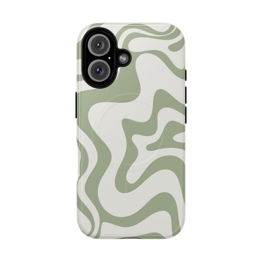 A contemporary abstract phone case with a trippy, hypnotic swirl design in sage green and white.