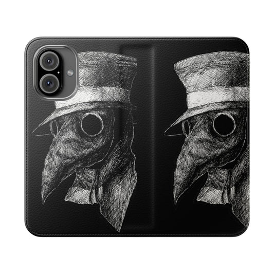 A black and white phone case cover with a plague doctor mask design, a gothic and spooky accessory.