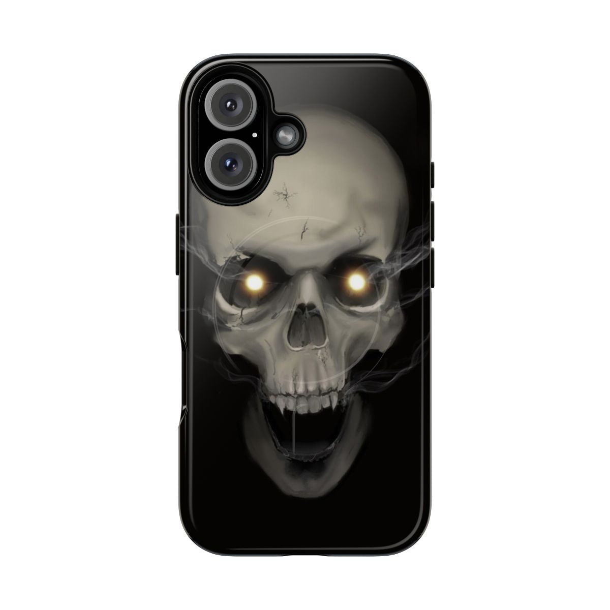 Dark themed phone case featuring a skull with smoke eyes