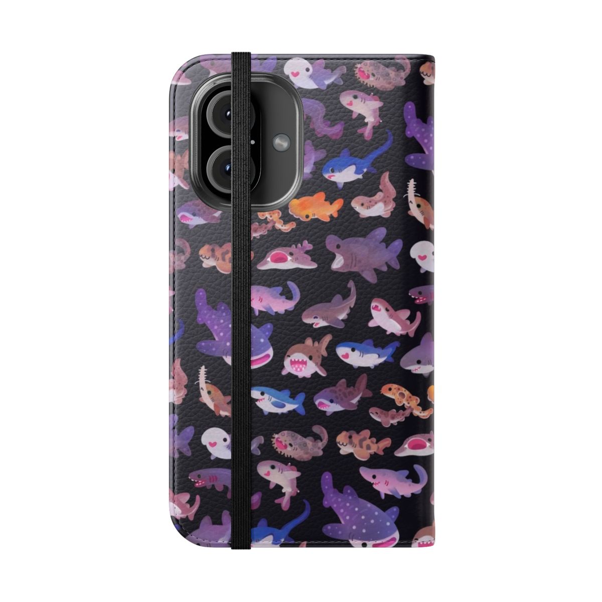 Colorful phone case featuring various shark species, including whale sharks, great white sharks, and more. - Folded Front