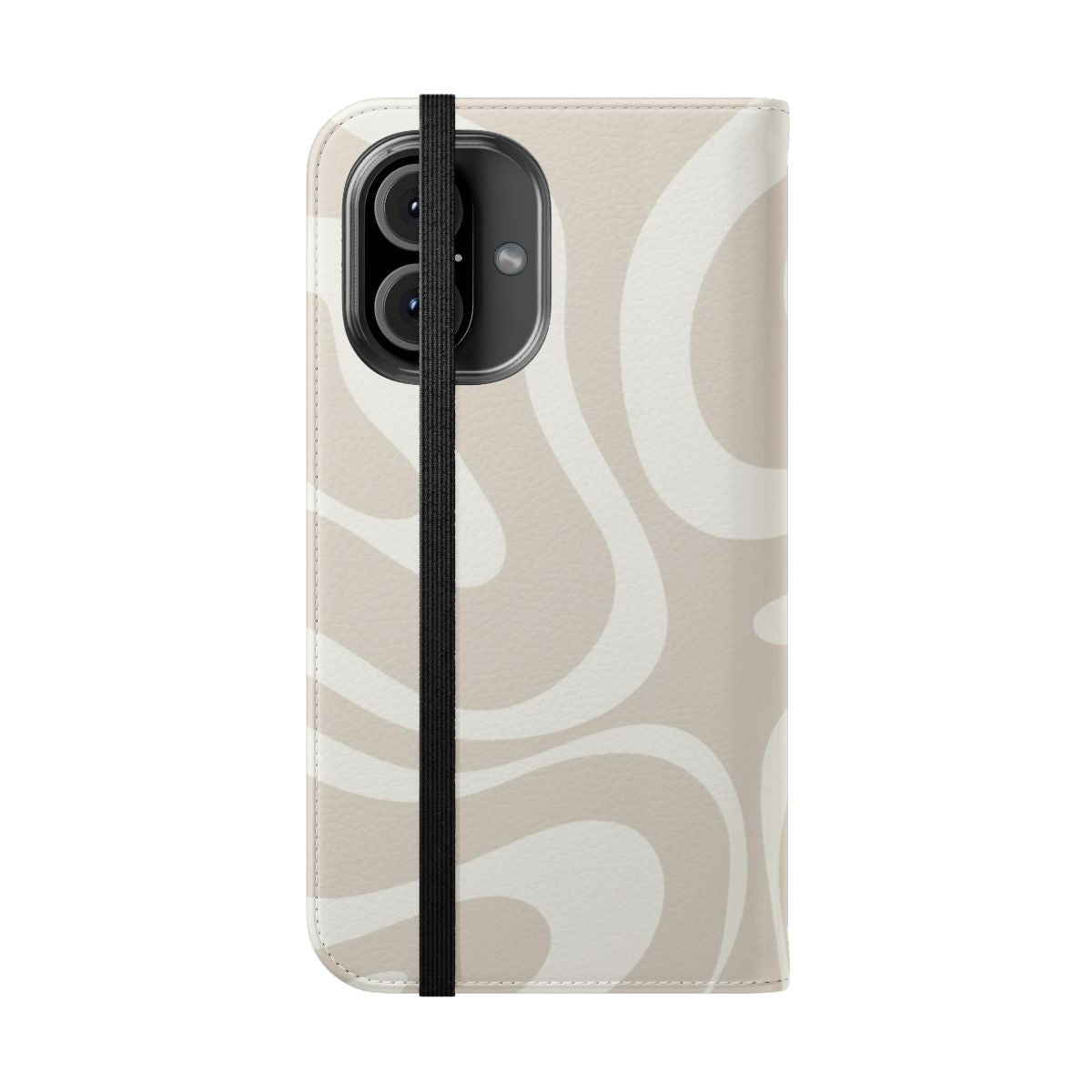 Neutral beige flip phone case with abstract swirl pattern in a modern, minimalist design. - Folded Front