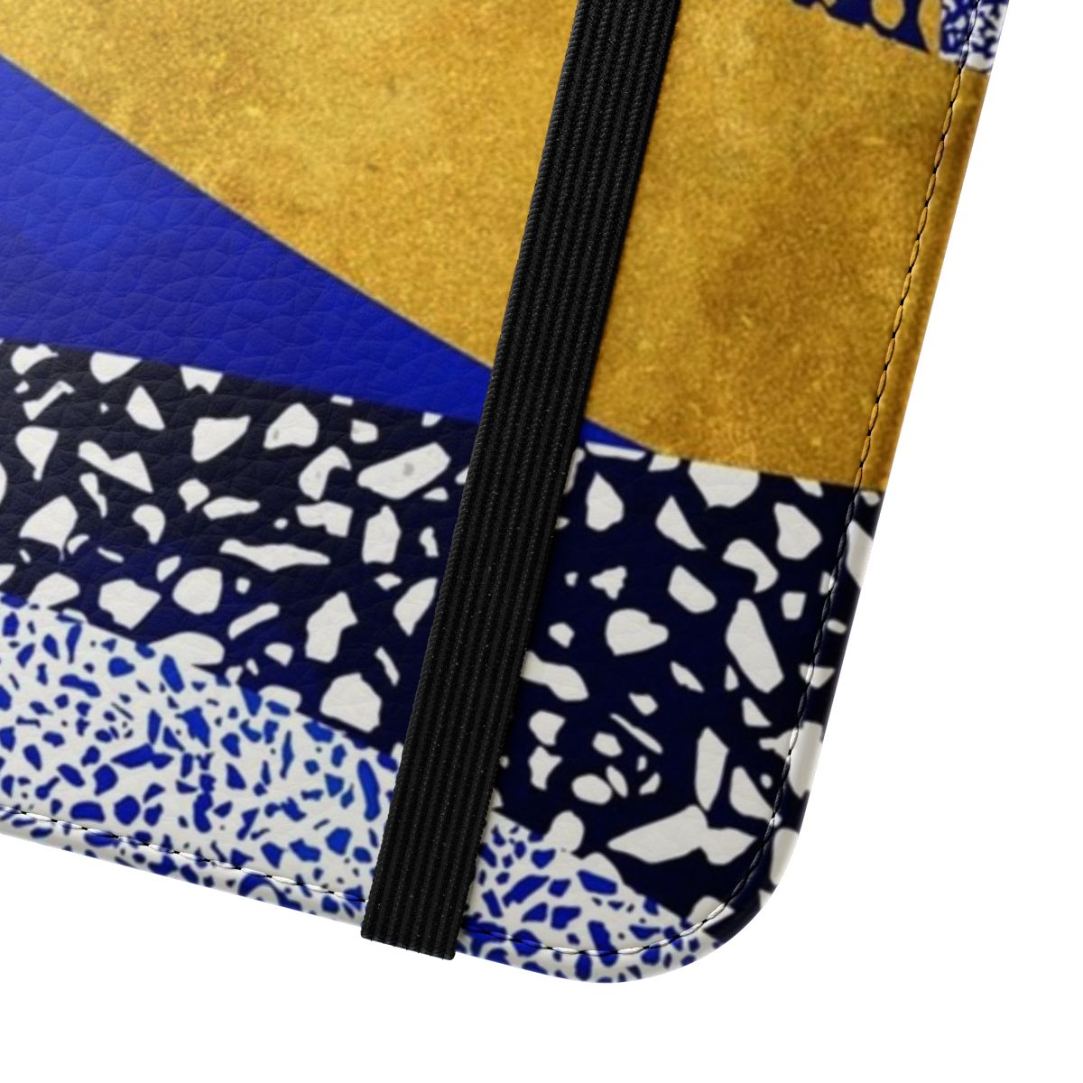 Terrazzo galaxy midnight blue, yellow, and rose gold flip cover phone case - Close Up