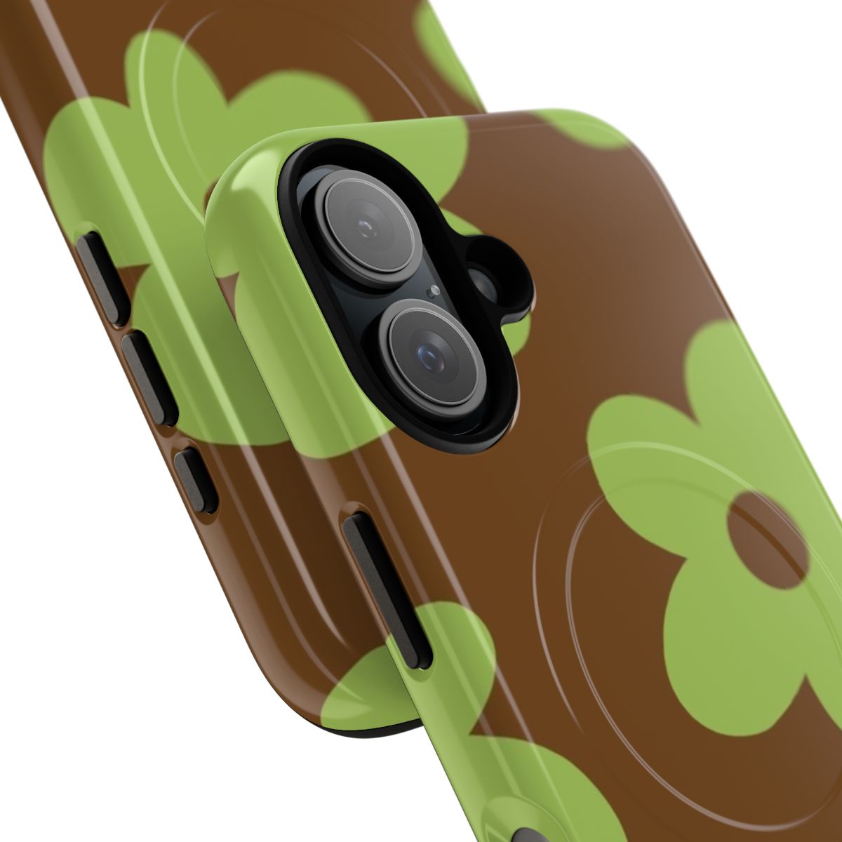 A brown and green phone case with a floral design, inspired by Tyler the Creator's Golf le Fleur brand. - Detail