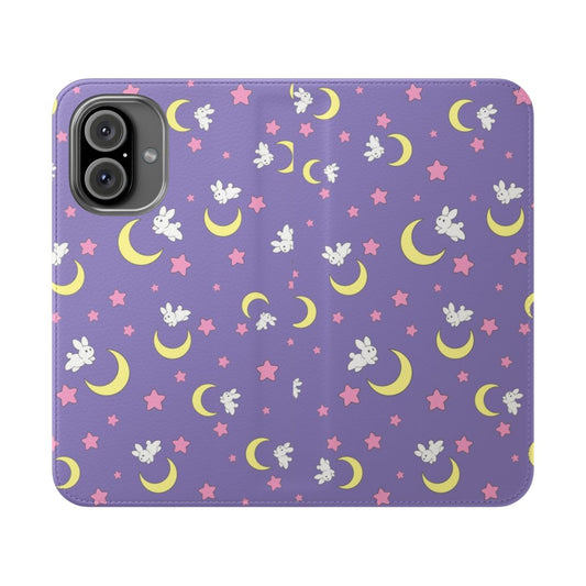 Rabbit themed flip cover phone case with crescent moon design