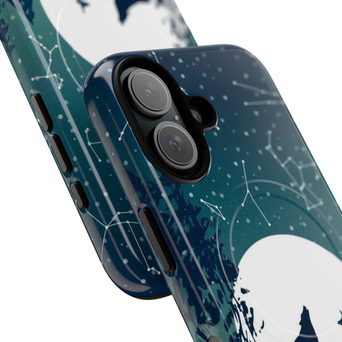 Magnetic tough phone case with a constellation design featuring a wolf howling at the moon in a forest setting. - Detail