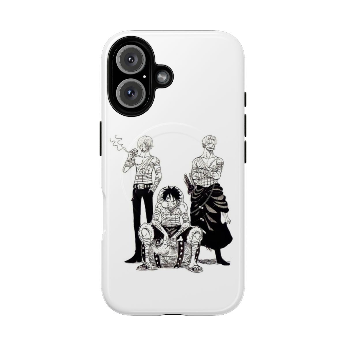 Customizable phone case featuring Luffy, Zoro, and Sanji from the popular anime and manga series One Piece.