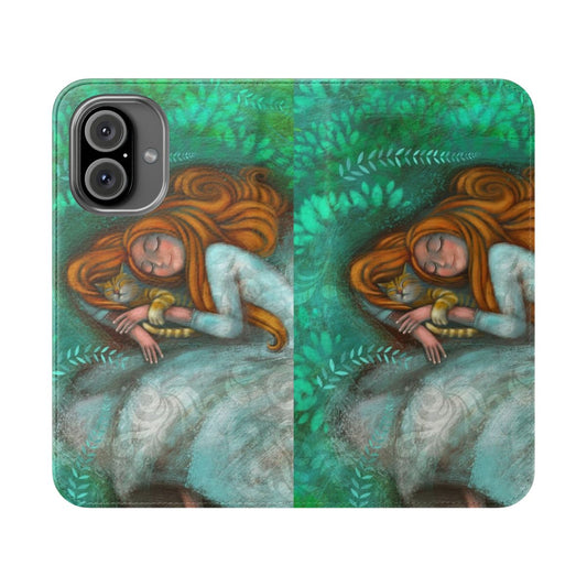 Sleeping cat on a flip phone case with nature background