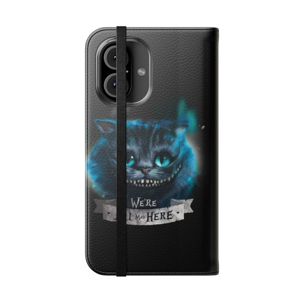 Whimsical Cheshire Cat-inspired phone case with colorful feline design - Folded Front