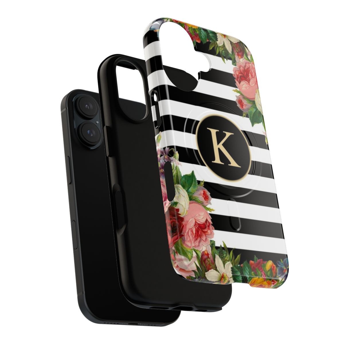 Monogram K Phone Case with Vintage Flowers and Black and White Stripes - Layers